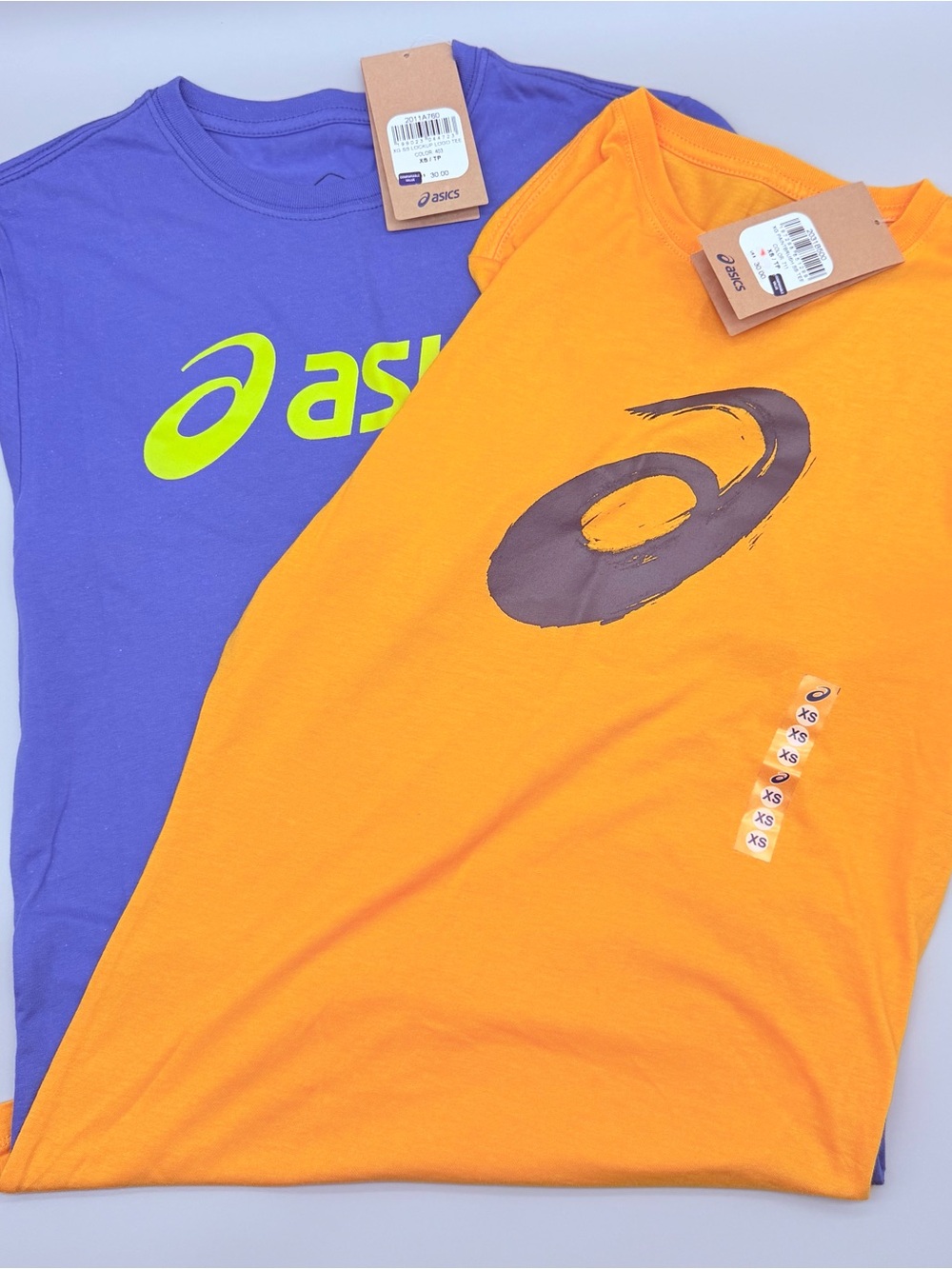 ASICS Unisex XS Graphic Tee Bundle of 2 NWT Purple & Amber